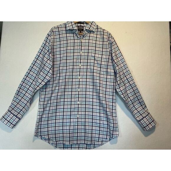 Neiman Marcus Mens Large Blue Plaid Trim Fit Cotton Button Up Shirt 16.5 34/35 - Picture 2 of 14